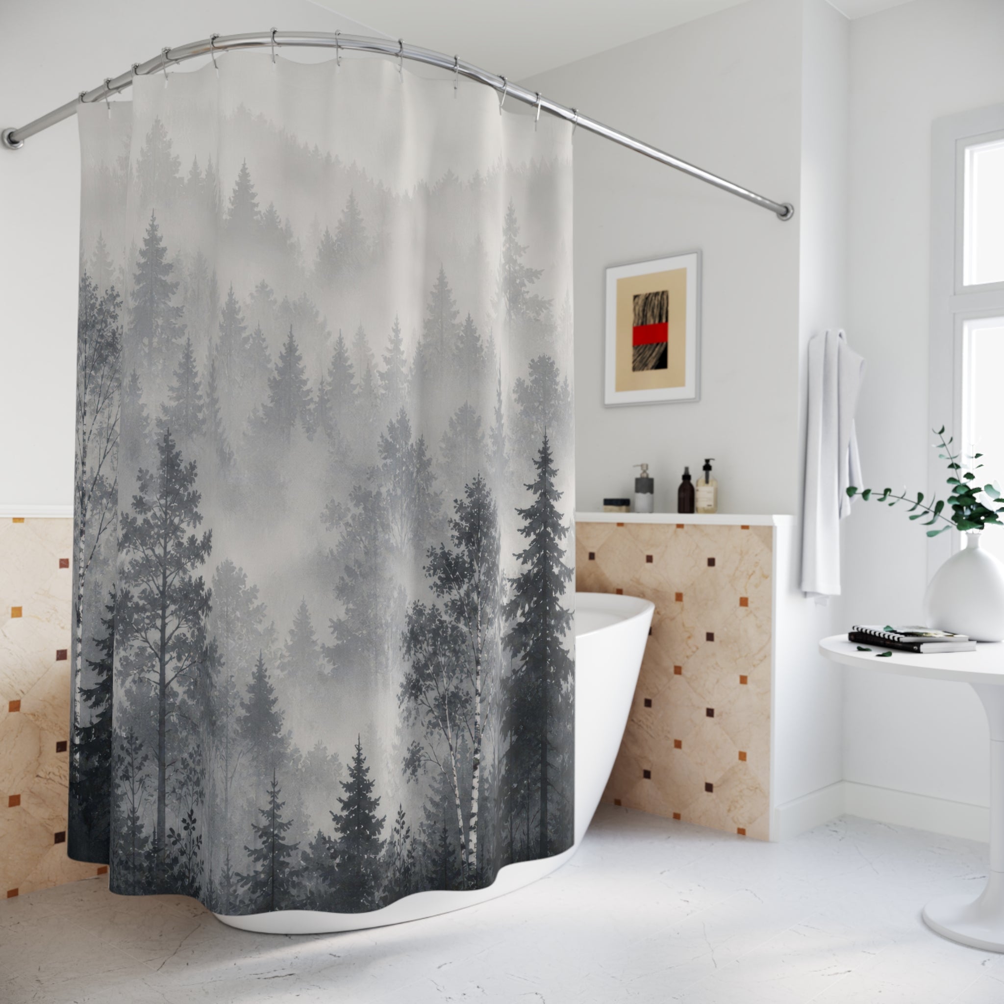 Misty Grey Tree Landscape Shower Curtain