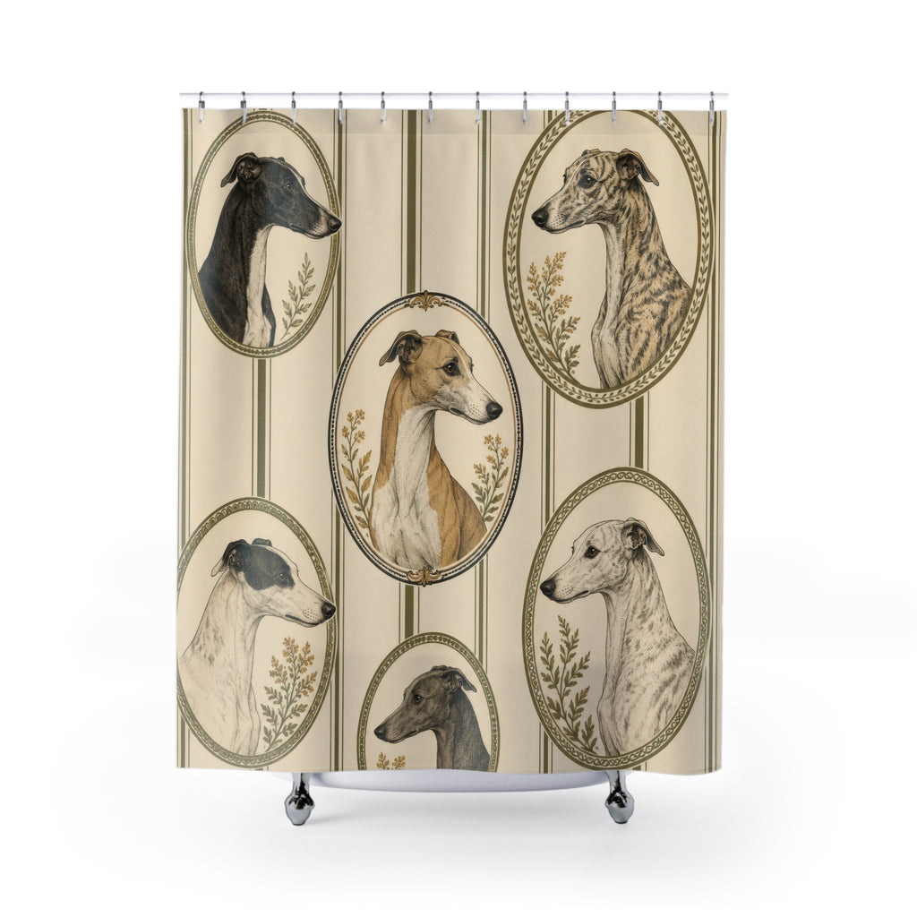 Whippet portraits over olive ticking stripes shower curtain with full front view
