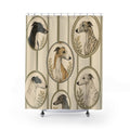Whippet portraits over olive ticking stripes shower curtain with full front view