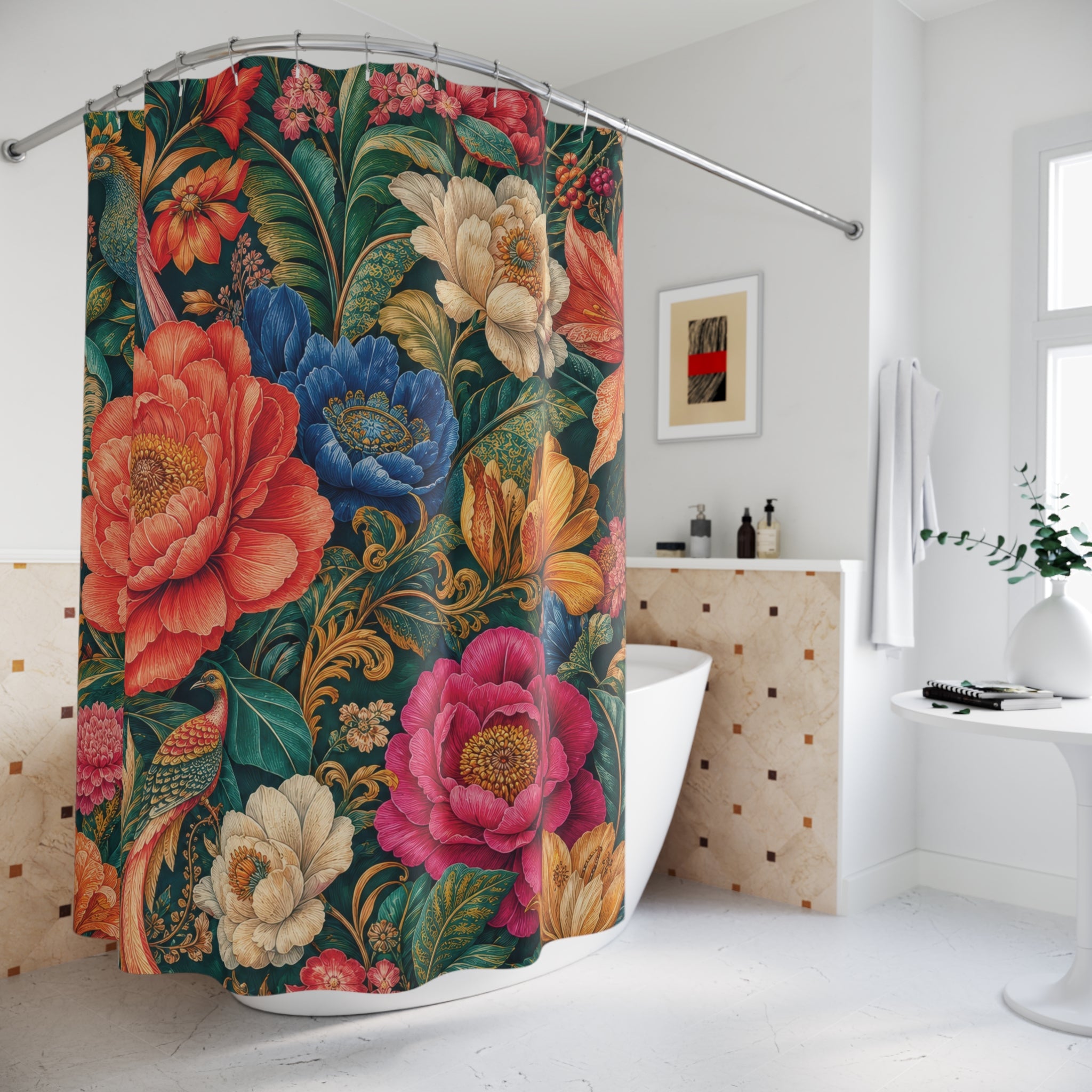 Maximalist Floral Shower Curtain: Bright Red Blue