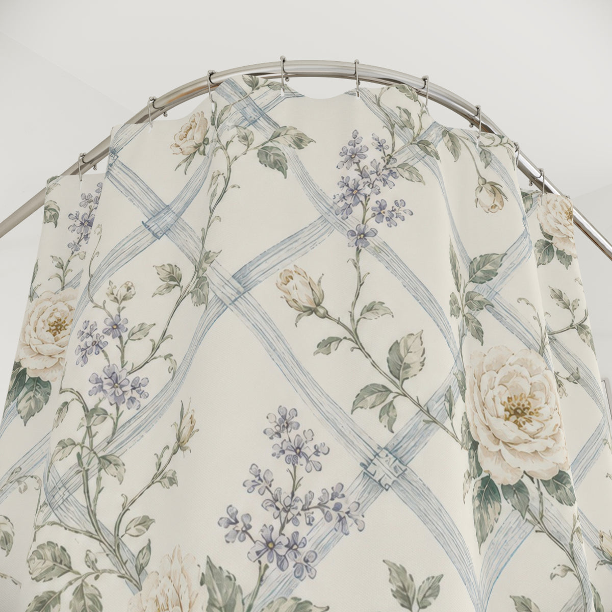 French Country Rose Trellis floral shower curtain with close-up print, hooks, and folds