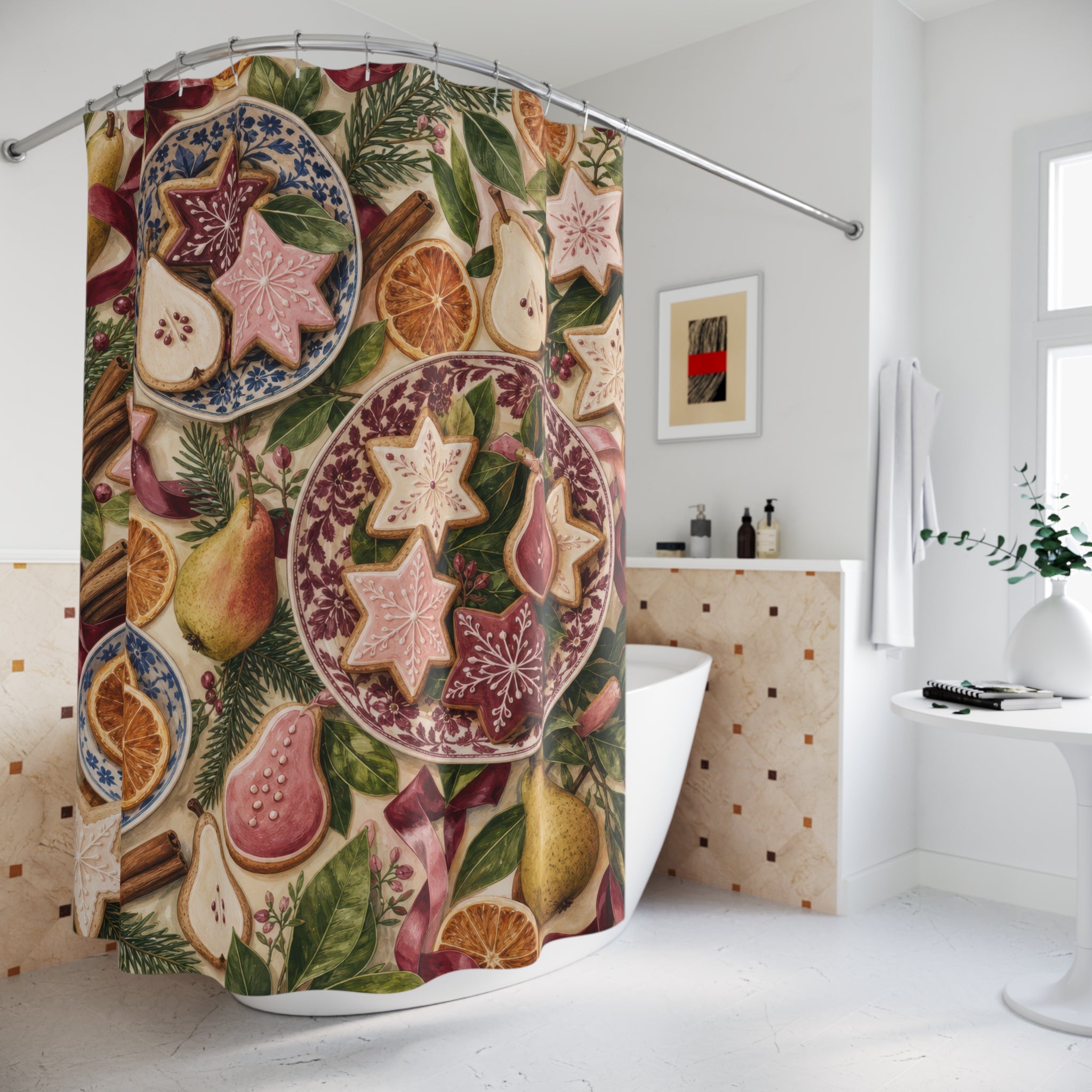 Christmas Baking Shower Curtain, Pink Burgundy Cookie Pear Holiday Pattern, Olive Winter Kitchen-Inspired Bathroom Decor, Festive Guest Bath