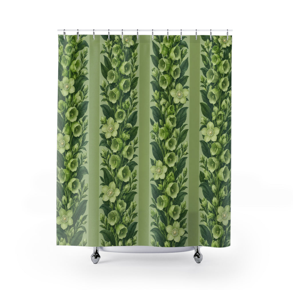 Pale green flowers and leafy stripes on celery green shower curtain with full front view