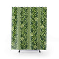 Pale green flowers and leafy stripes on celery green shower curtain with full front view