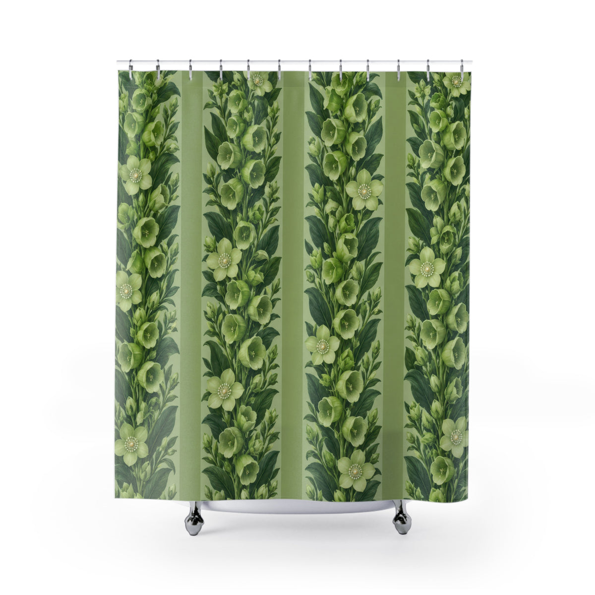 Pale green flowers and leafy stripes on celery green shower curtain with full front view