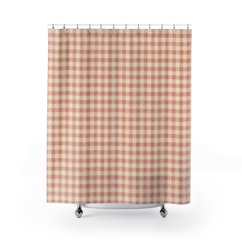 Coral Pink Checkered Gingham Shower Curtain