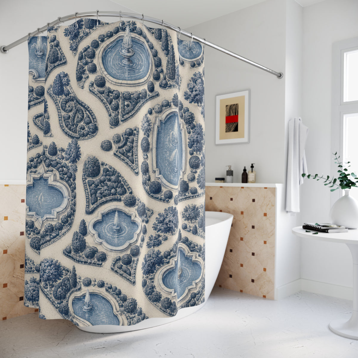 Blue fountain pools and clipped gardens with ivory paths shower curtain beside a freestanding tub