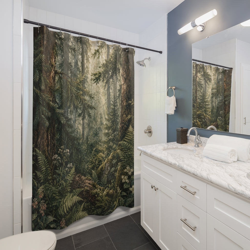 Forest Shower Curtain: Dark Green Woodland Landscape