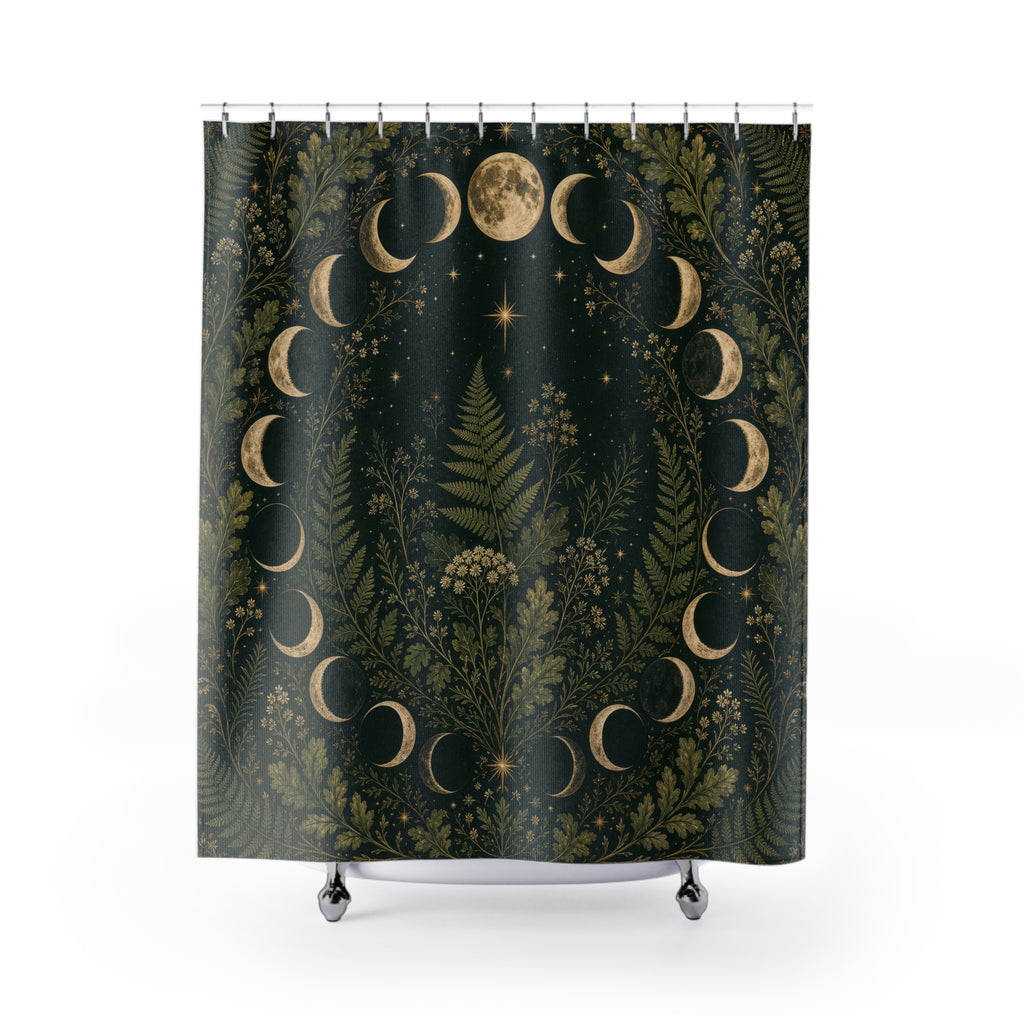 Witchy Moon Shower Curtain, Forest Green Botanical Bath Decor, Lunar Wreath Oak Fern Pattern, Dark Green Celestial Guest Bathroom Decor