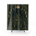 Witchy Moon Shower Curtain, Forest Green Botanical Bath Decor, Lunar Wreath Oak Fern Pattern, Dark Green Celestial Guest Bathroom Decor