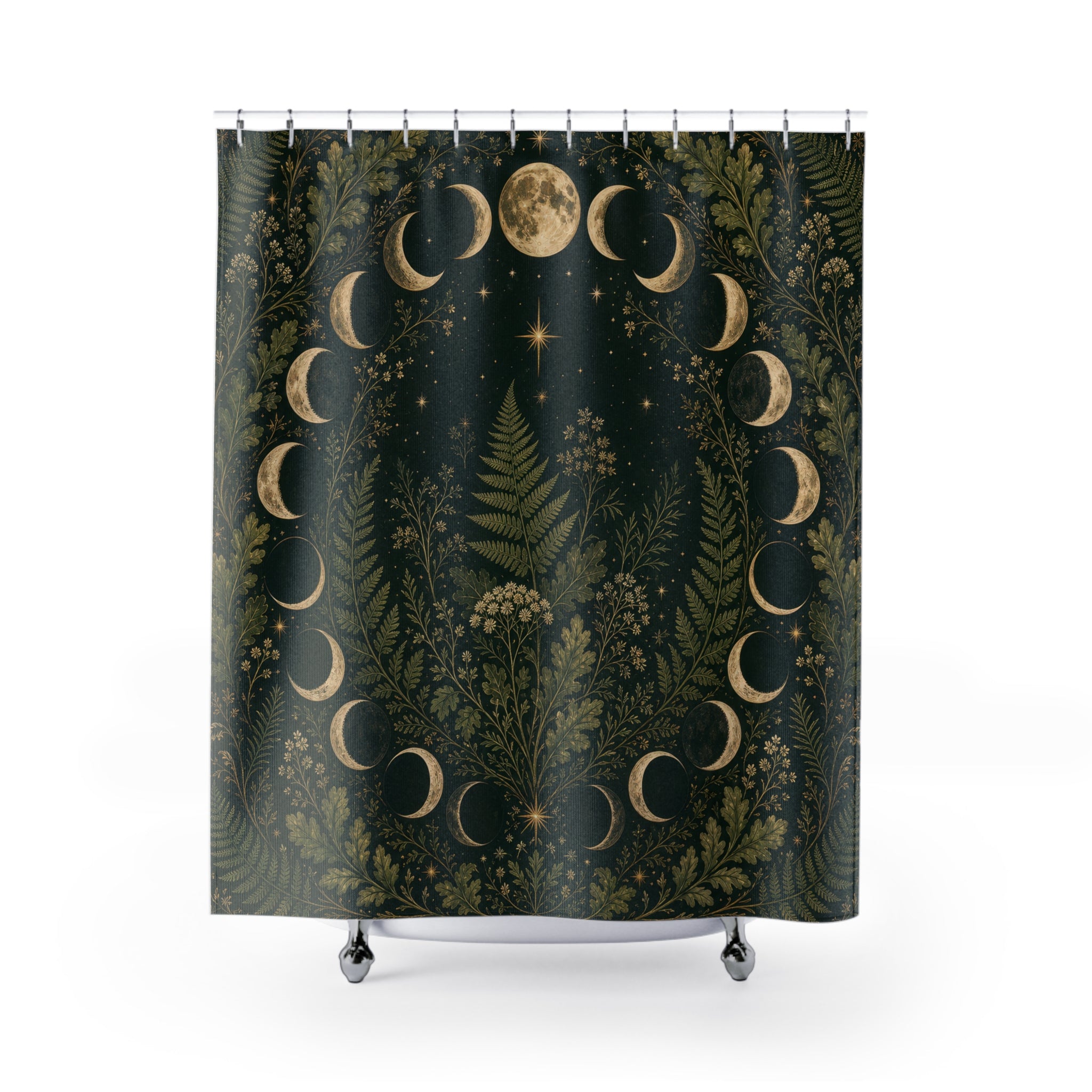 Witchy Moon Shower Curtain, Forest Green Botanical Bath Decor, Lunar Wreath Oak Fern Pattern, Dark Green Celestial Guest Bathroom Decor