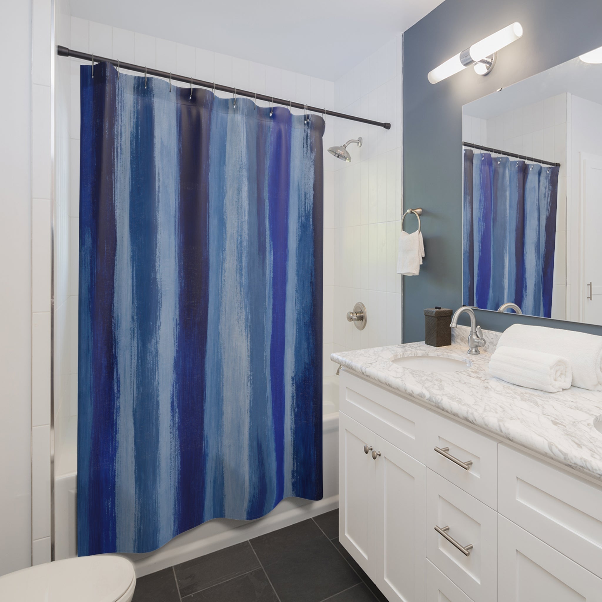 Navy Cobalt Watercolor Vertical Bands Shower Curtain
