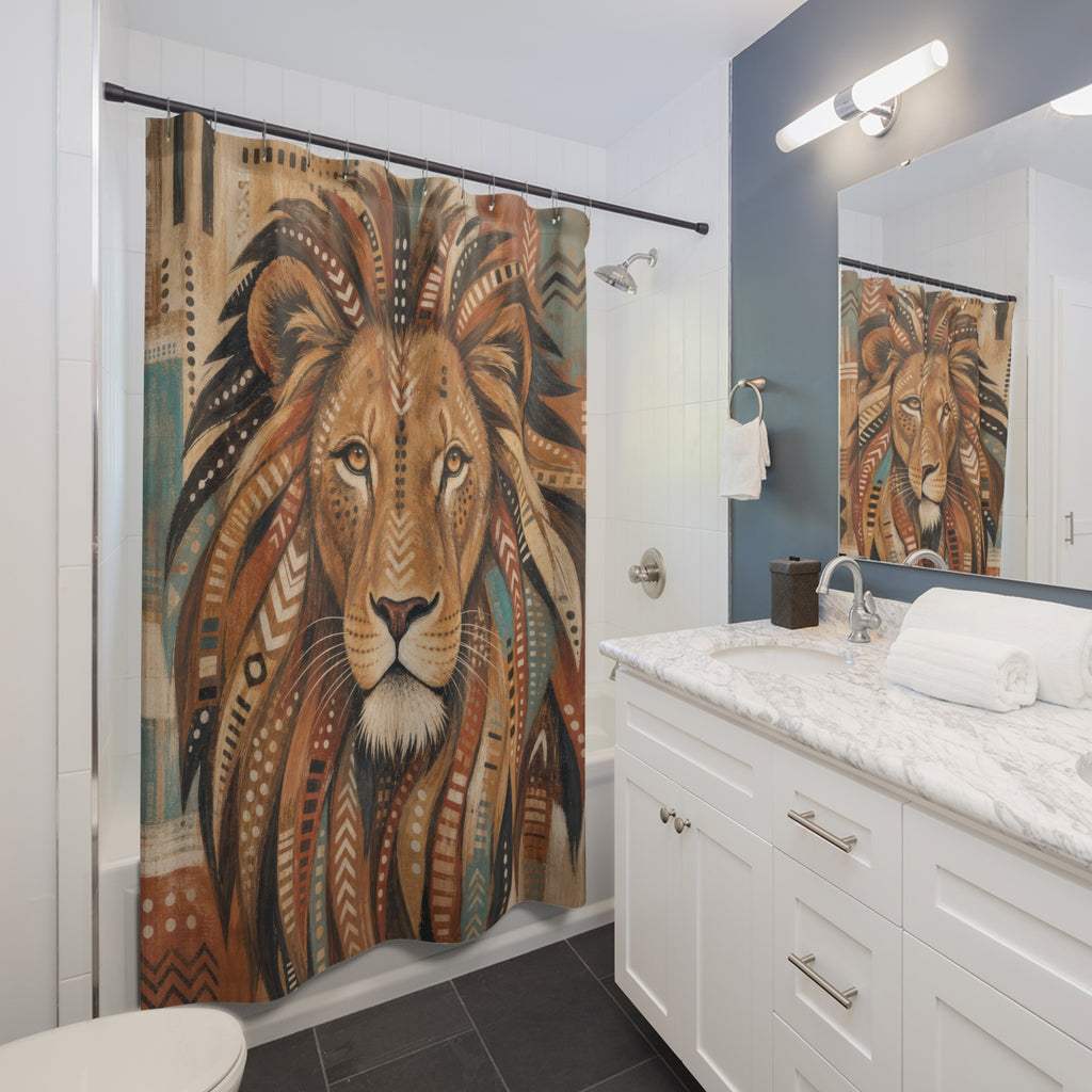 Earth Tone Patterned Animal Portrait shower curtain beside a white vanity