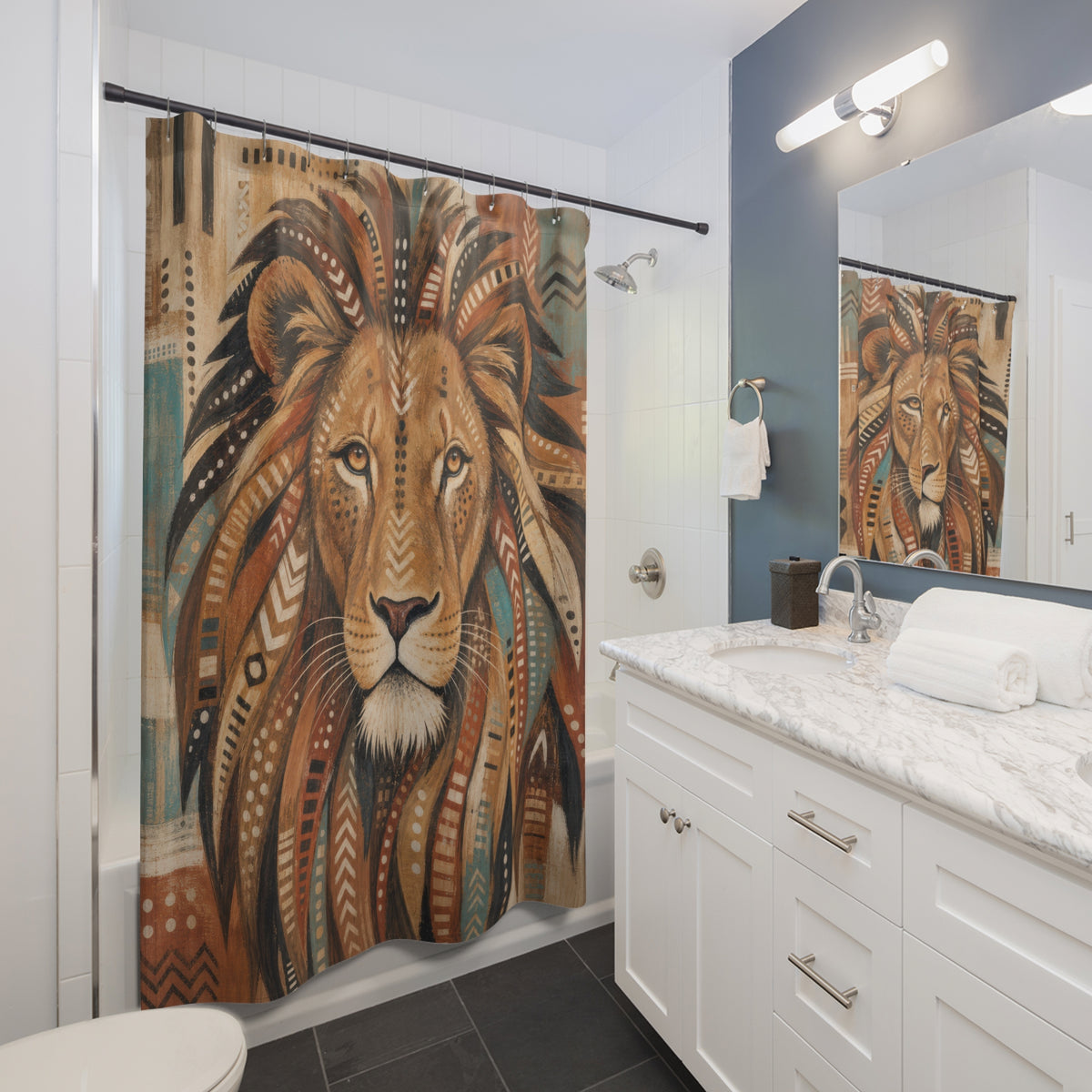 Earth Tone Patterned Animal Portrait shower curtain beside a white vanity