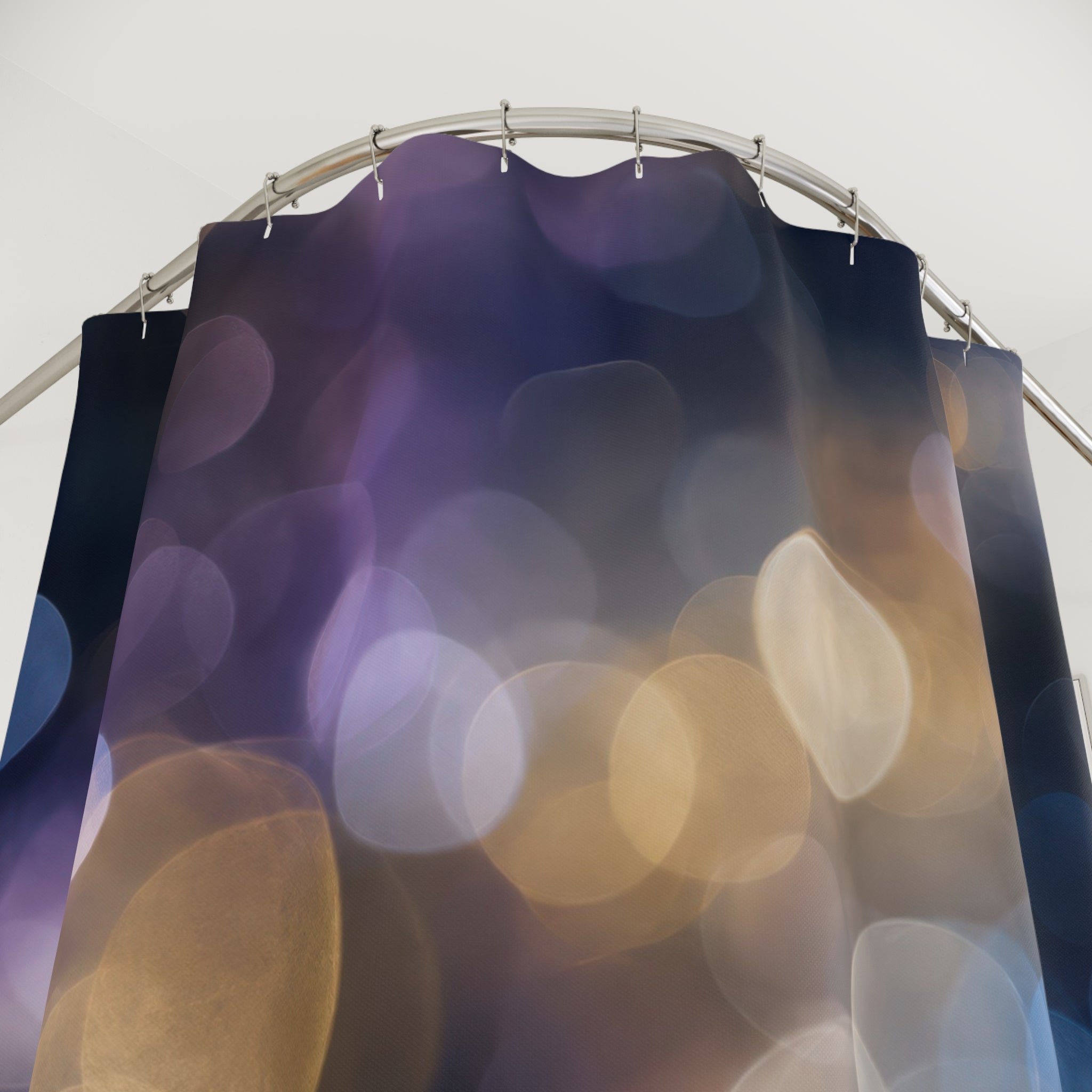 Abstract Shower Curtain, Bokeh Light Bath Decor, Blue Gold Purple Pattern, Modern Guest Bathroom Decor, Moody Night Style, Night Glow Style