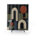Black Geometric Shower Curtain, Art Deco Arch Pattern, Dark Modern Bath Decor, Olive Blue Terracotta Shapes, Moody Guest Bathroom, Bold