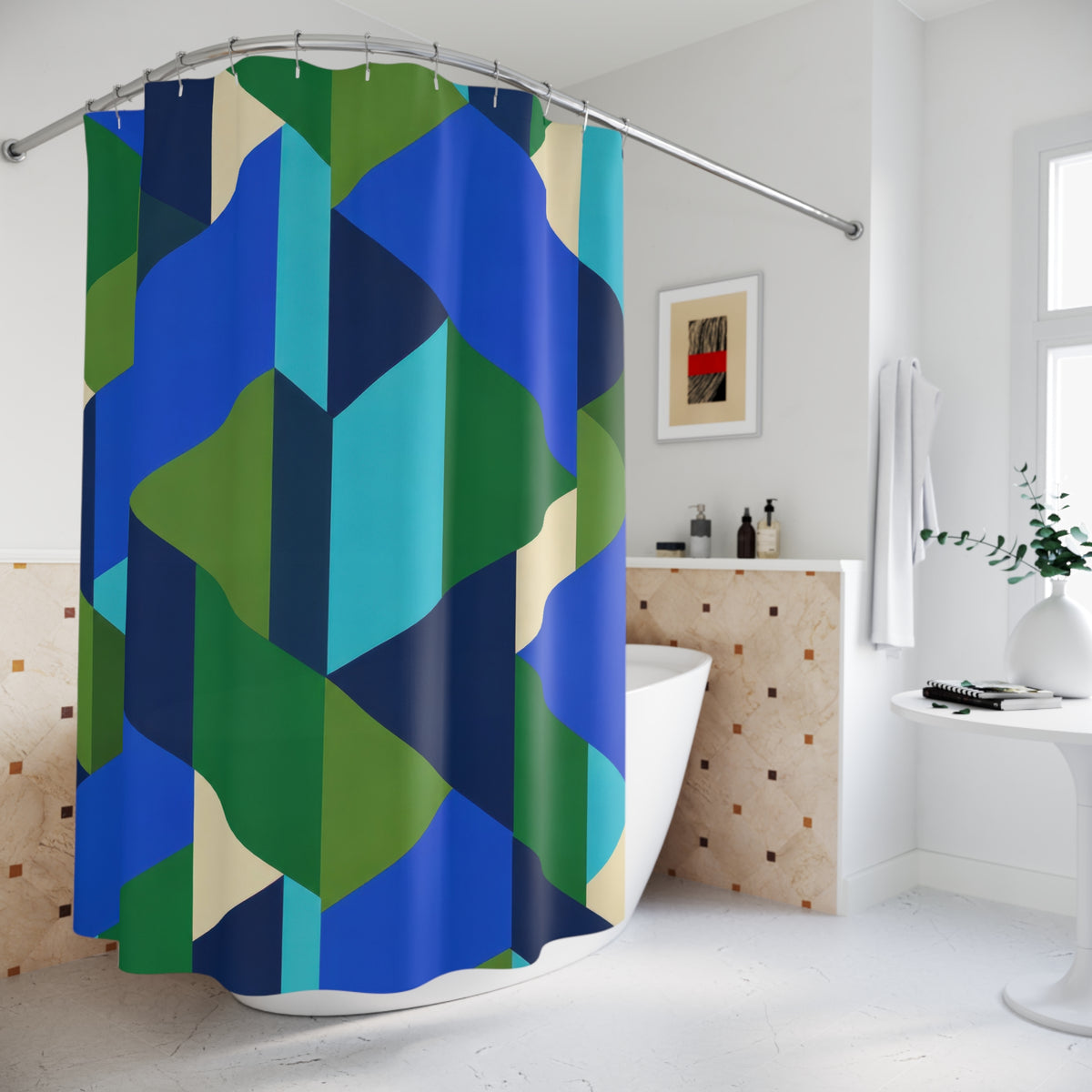 Interlocking blue, aqua and green facets with cream accents shower curtain beside a freestanding tub