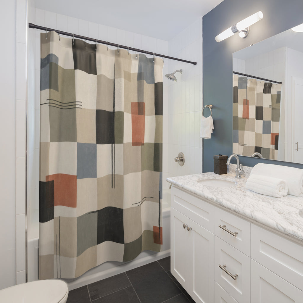 Modern Geometric Shower Curtain, Neutral Patchwork Grid Pattern, Blue Green Black Abstract Bathroom Decor, Minimal Art Bath Style, Calm