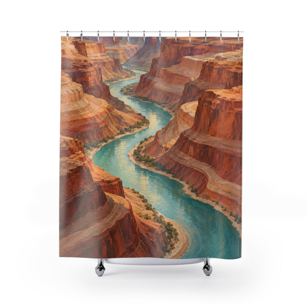 Turquoise river between terracotta sandstone canyon cliffs shower curtain with full front view
