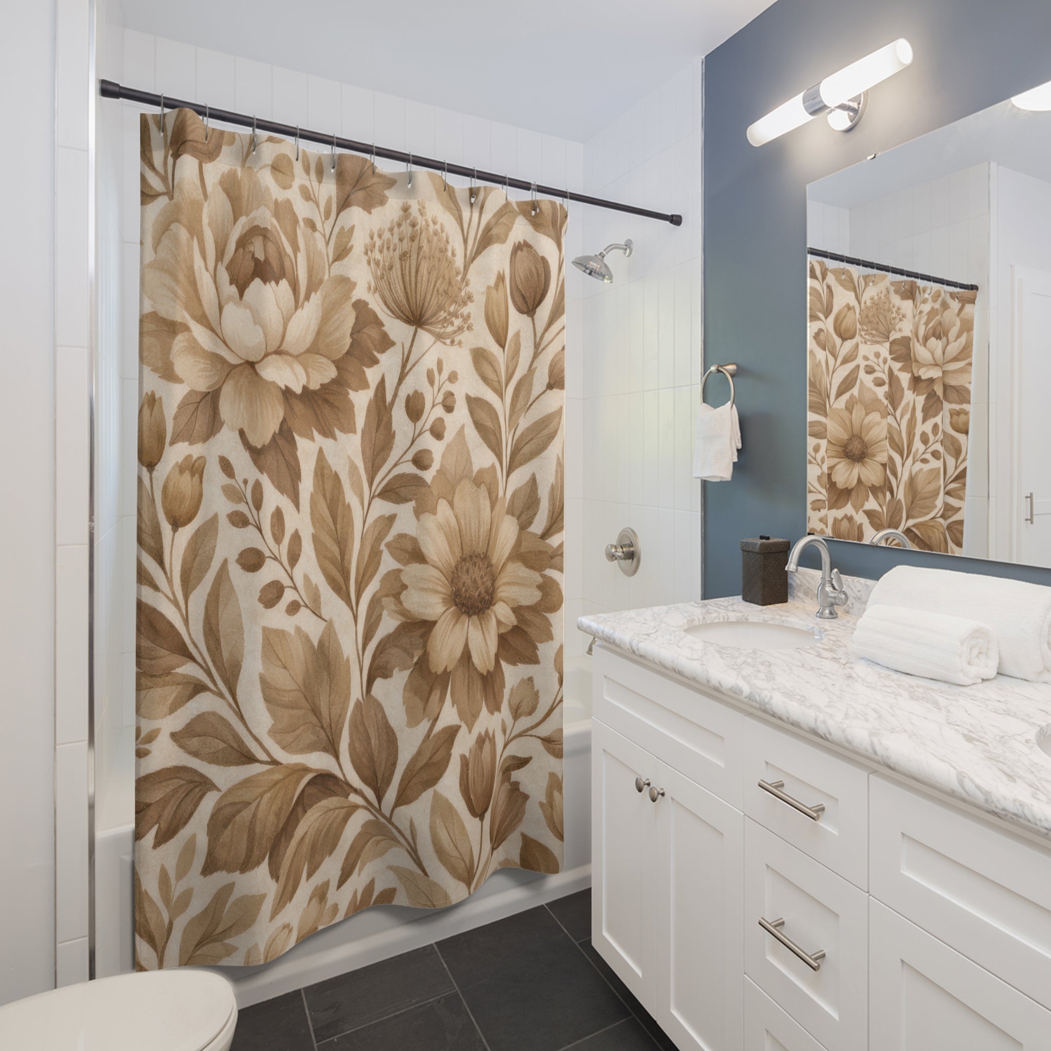Brown Floral Shower Curtain — Vintage Beige
