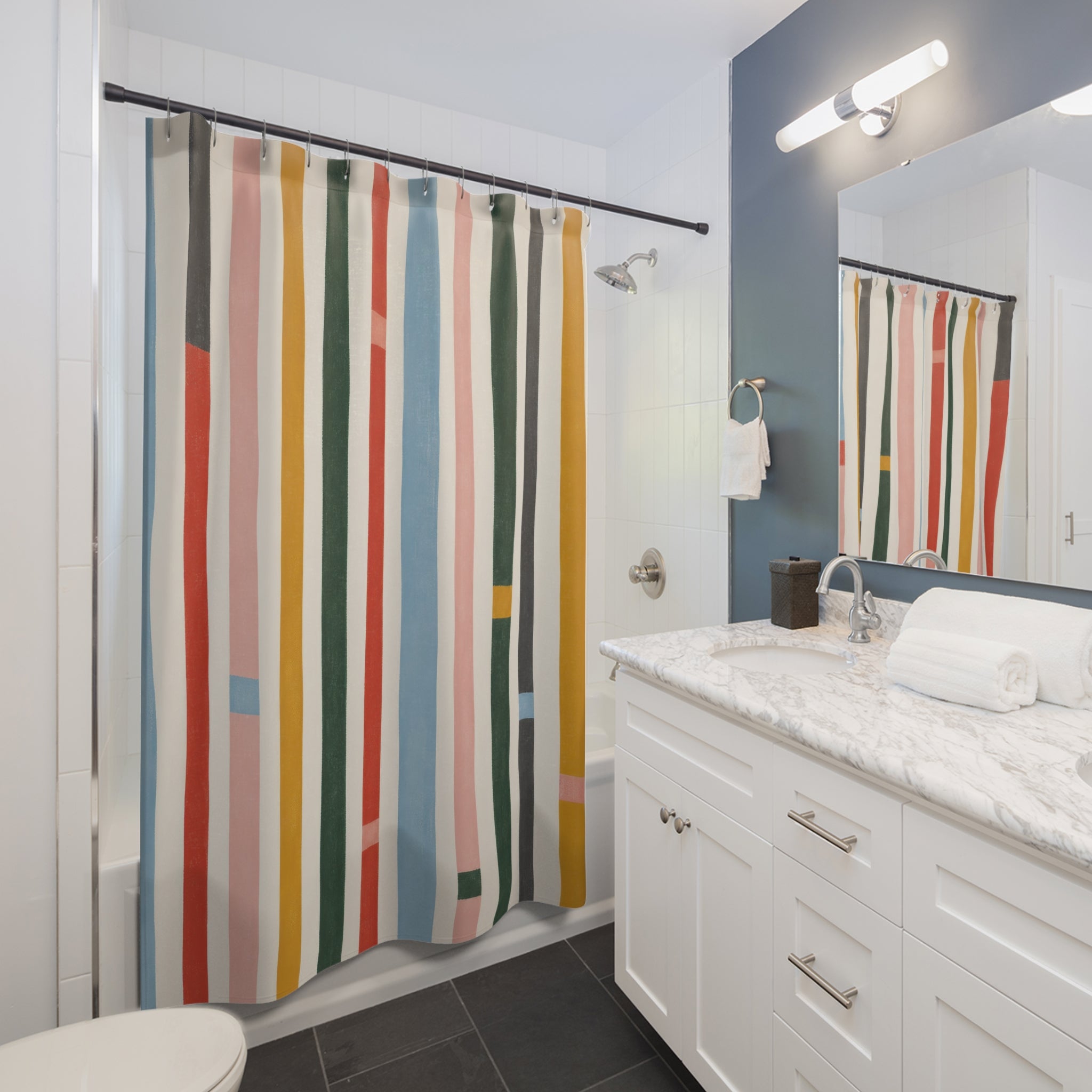 Coral Sage Mustard Vertical Stripe Shower Curtain