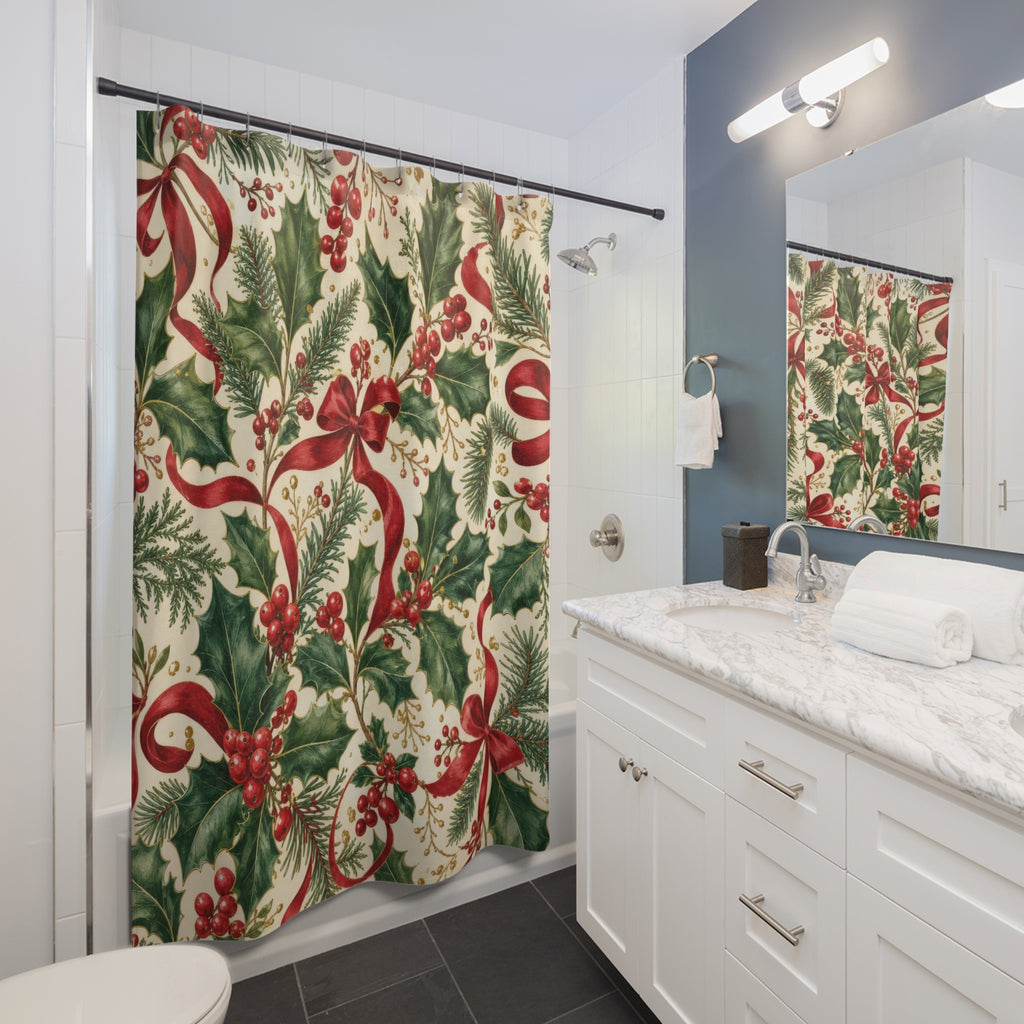 Holly Berry and Red Bow Christmas Shower Curtain