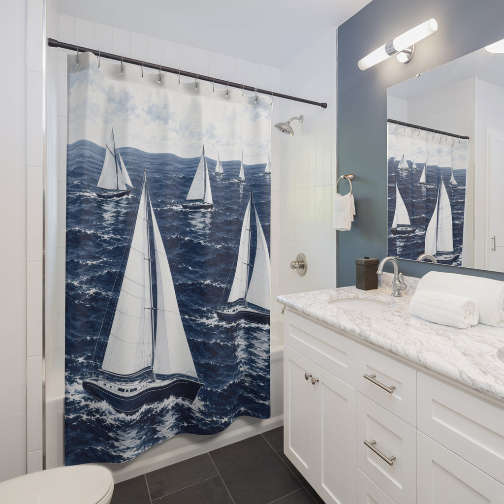 White-sailed yachts crossing a navy sea beneath pale clouds shower curtain beside a white vanity