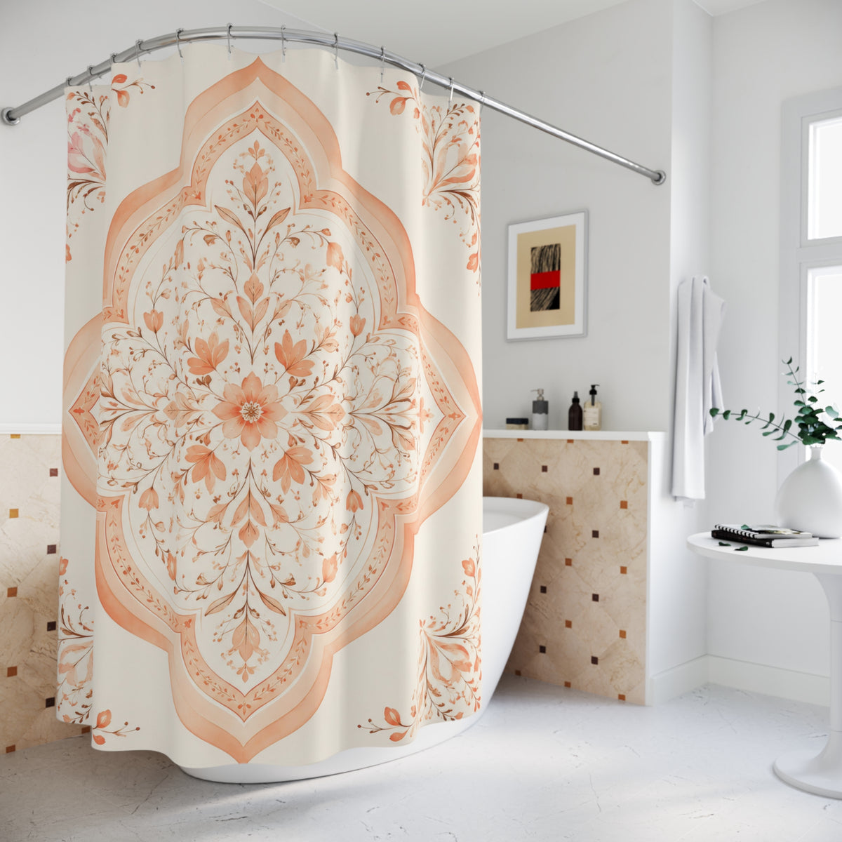 Peach quatrefoil floral medallion shower curtain beside a freestanding tub