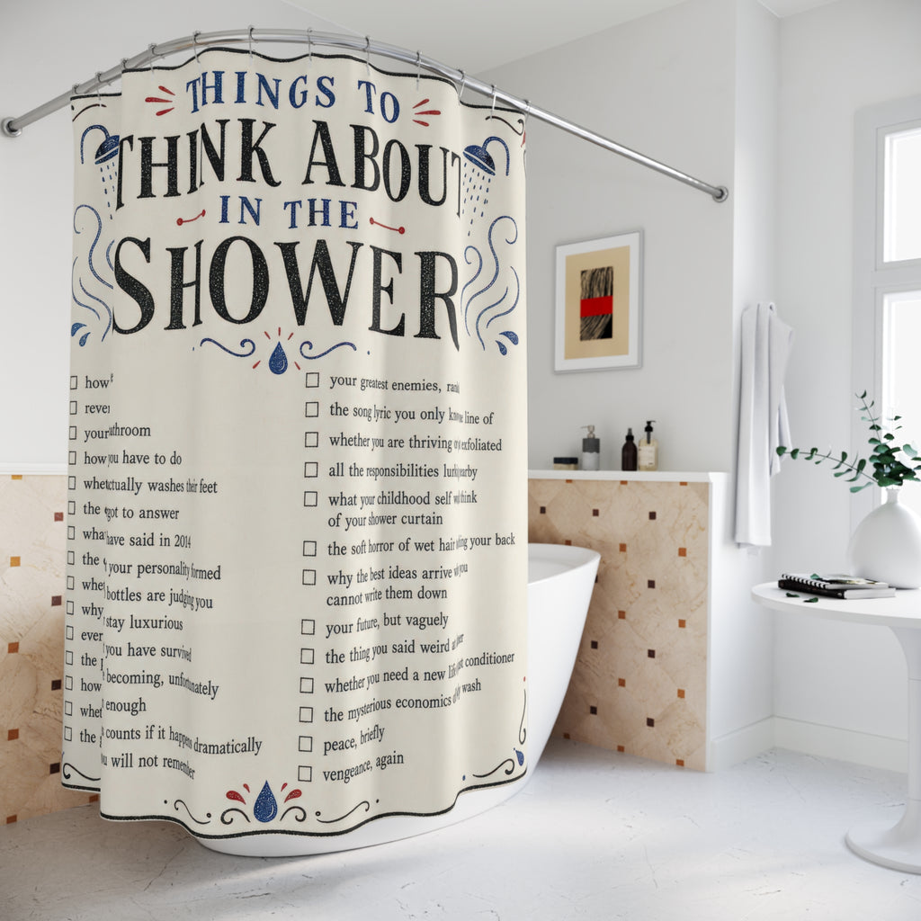 Funny Shower Curtain, Things To Think About In The Shower List, Unique Bathroom Humor Typography, Retro Checklist Bath Decor, Guest Bath