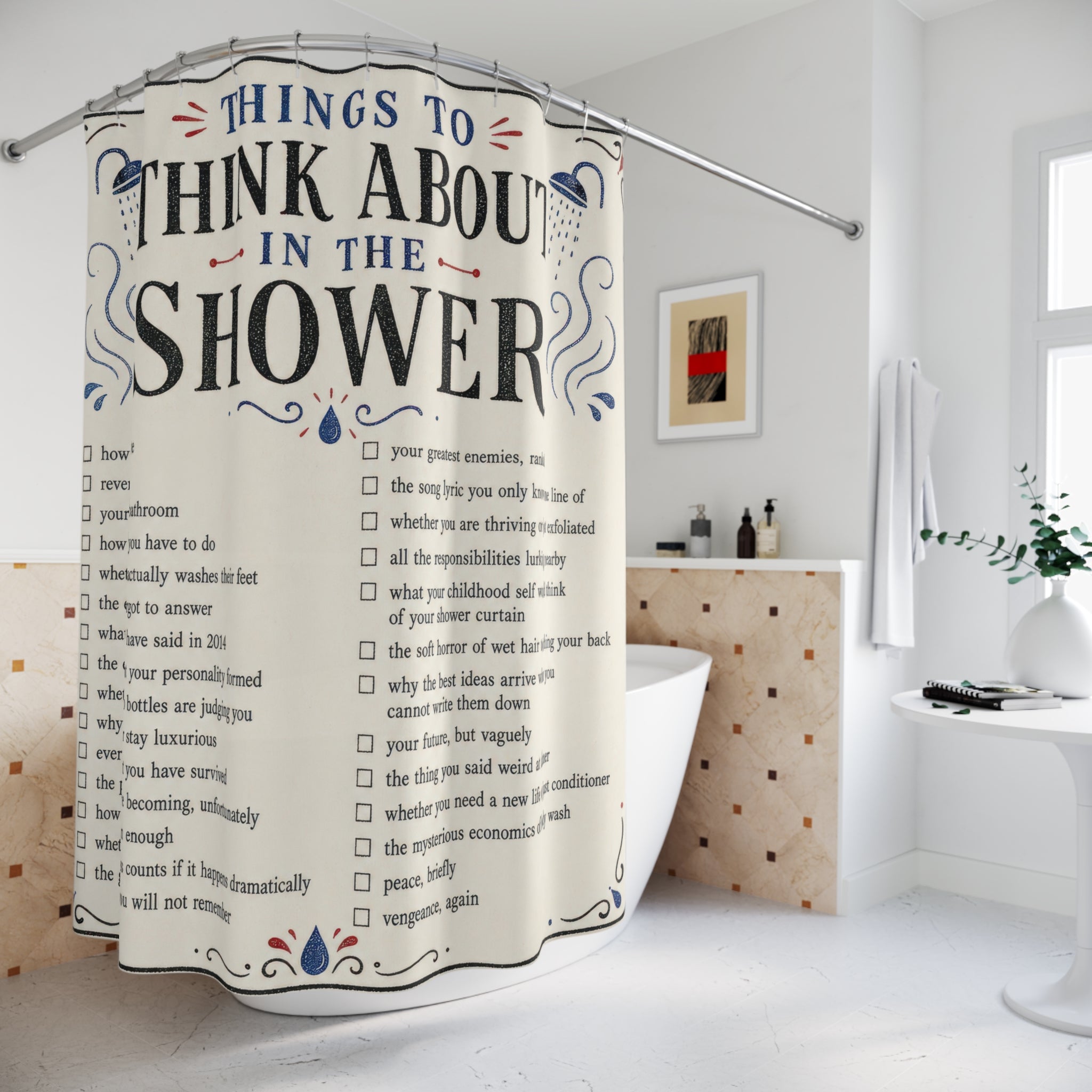 Funny Shower Curtain, Things To Think About In The Shower List, Unique Bathroom Humor Typography, Retro Checklist Bath Decor, Guest Bath