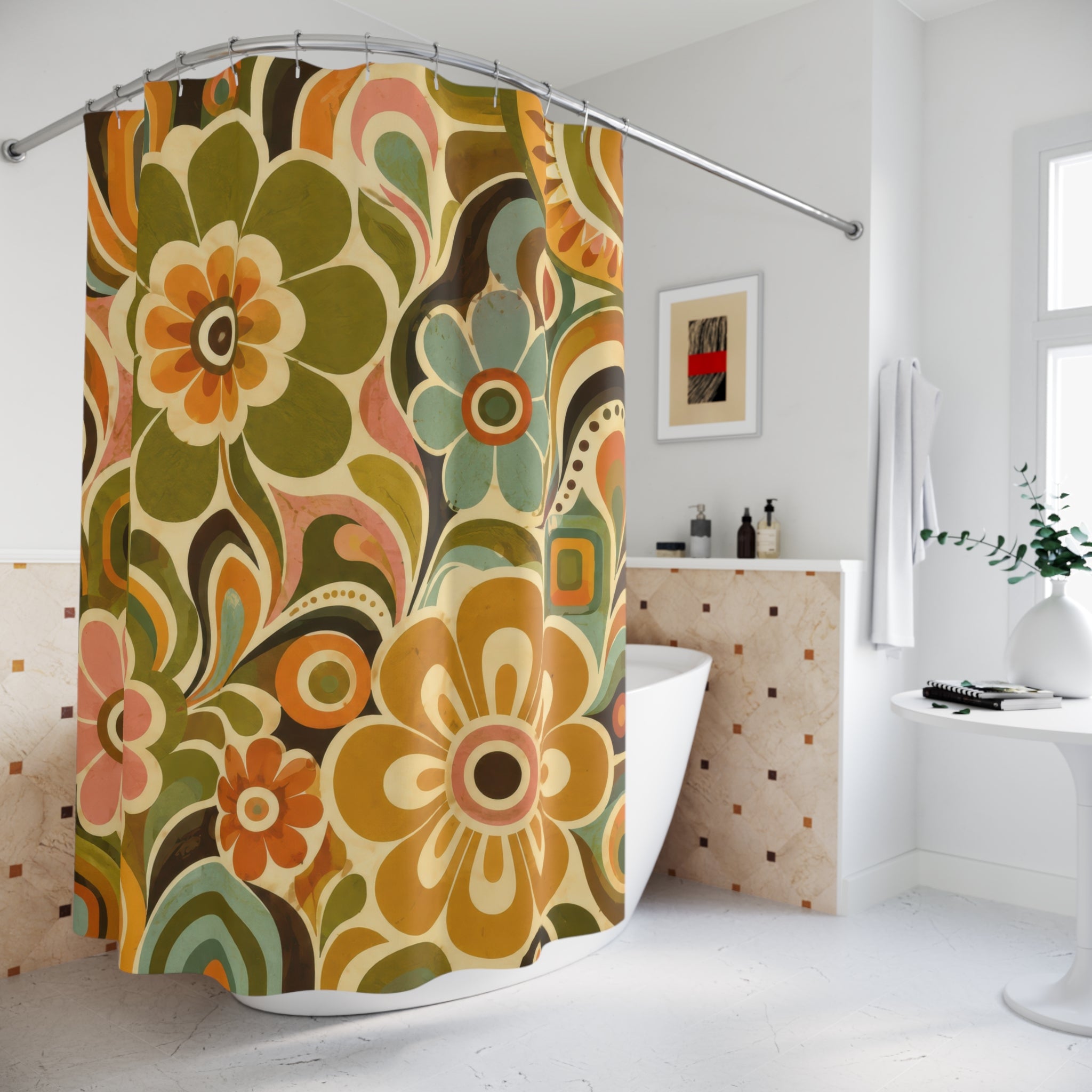 Retro Floral Shower Curtain: 60s Mod Flowers