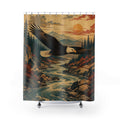 Bald eagle flying above a sunset river valley shower curtain with full front view