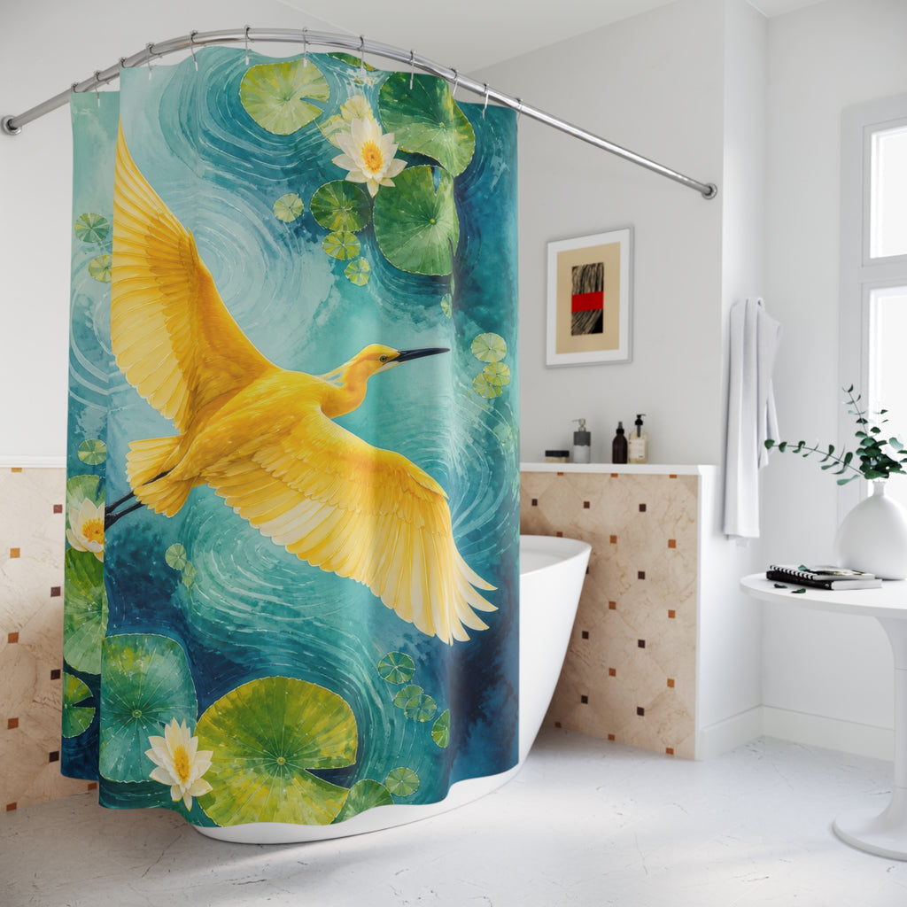 Marigold yellow bird over turquoise lily pads shower curtain beside a freestanding tub