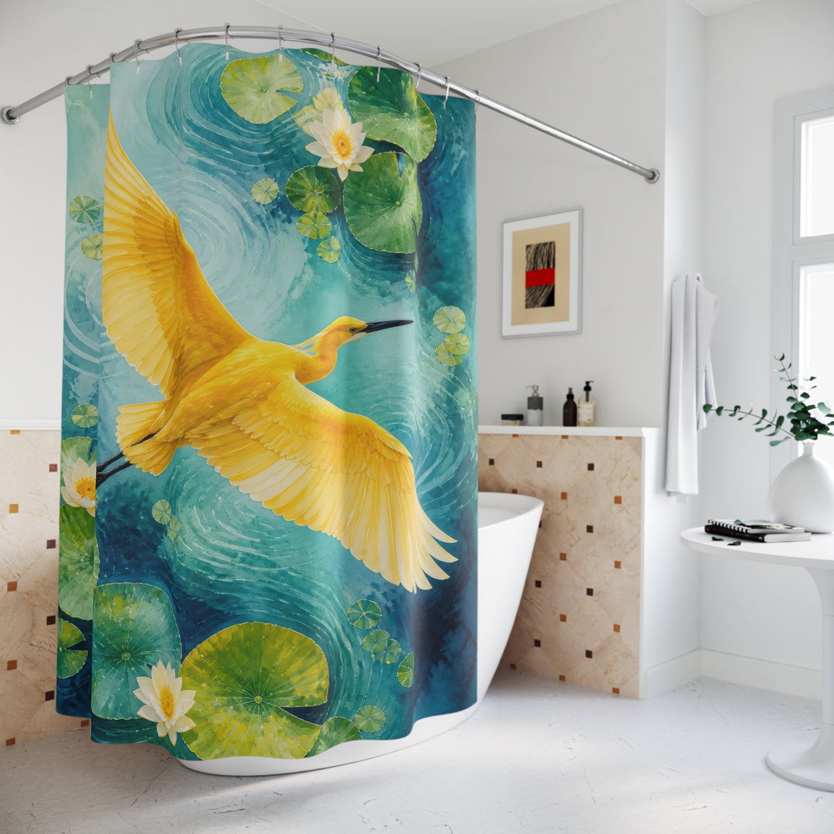 Marigold yellow bird over turquoise lily pads shower curtain beside a freestanding tub