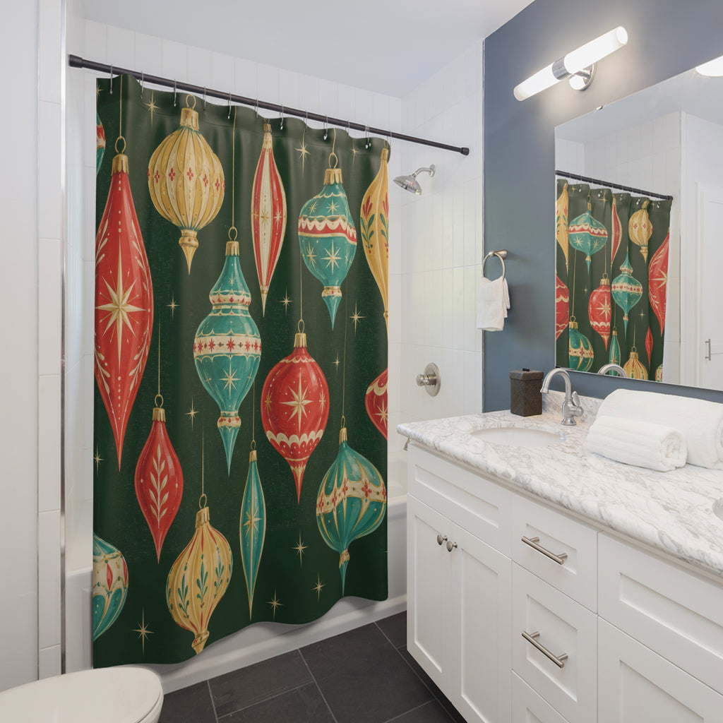 Red turquoise and gold-tone ornaments on evergreen shower curtain beside a white vanity