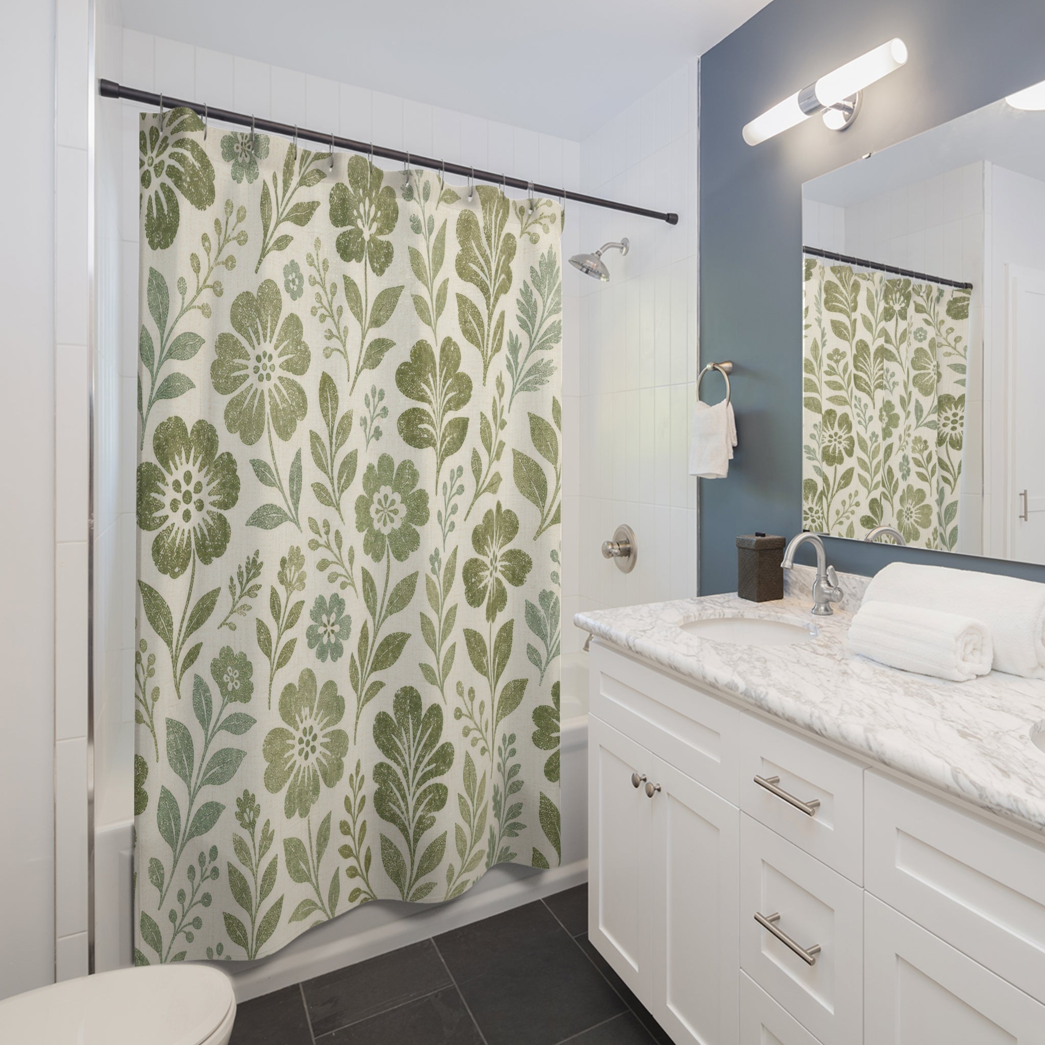 Moss Block Print Flowers Shower Curtain