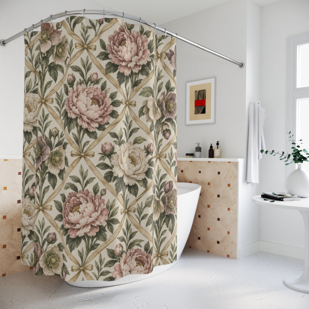 Pink peonies and mauve hellebores in a gold ribbon trellis shower curtain beside a freestanding tub