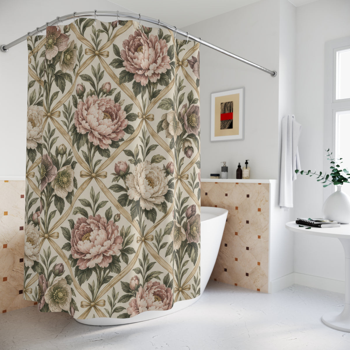 Pink peonies and mauve hellebores in a gold ribbon trellis shower curtain beside a freestanding tub