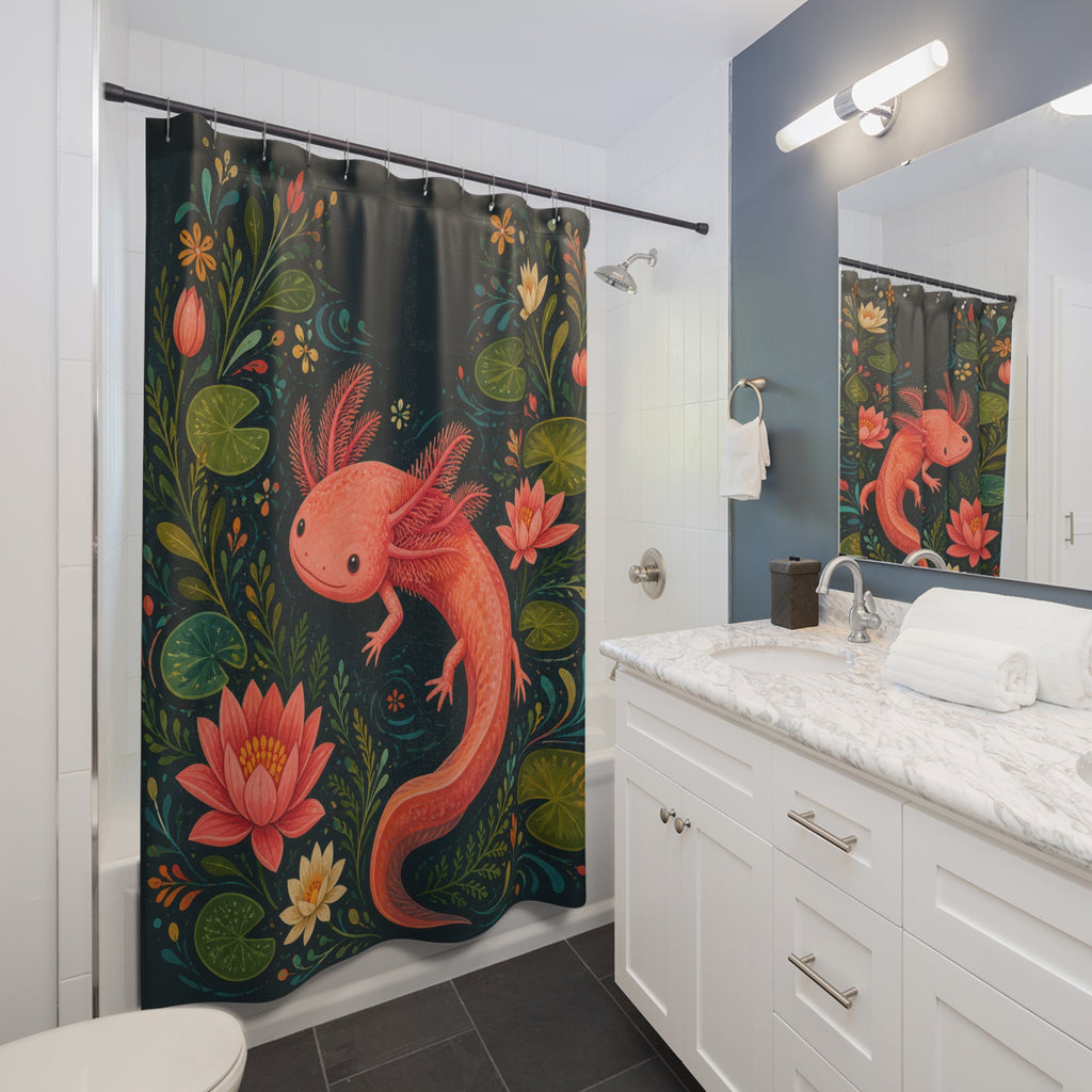 Rose axolotl in a deep teal water garden shower curtain beside a white vanity