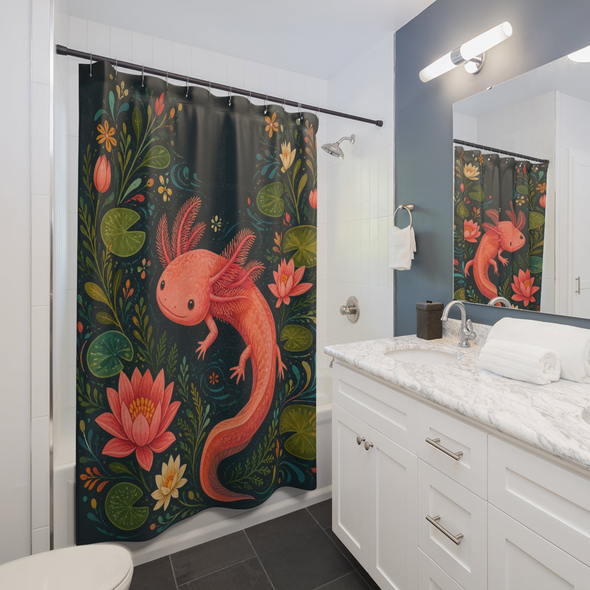 Rose axolotl in a deep teal water garden shower curtain beside a white vanity
