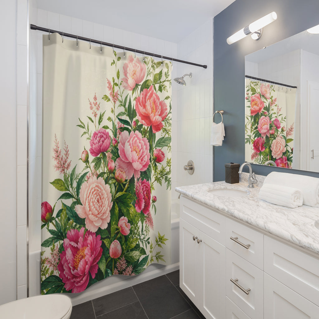 Green and pink peony garden garland shower curtain beside a white vanity