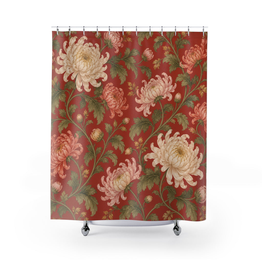 Cream and pink Chinoiserie chrysanthemums on red shower curtain with full front view
