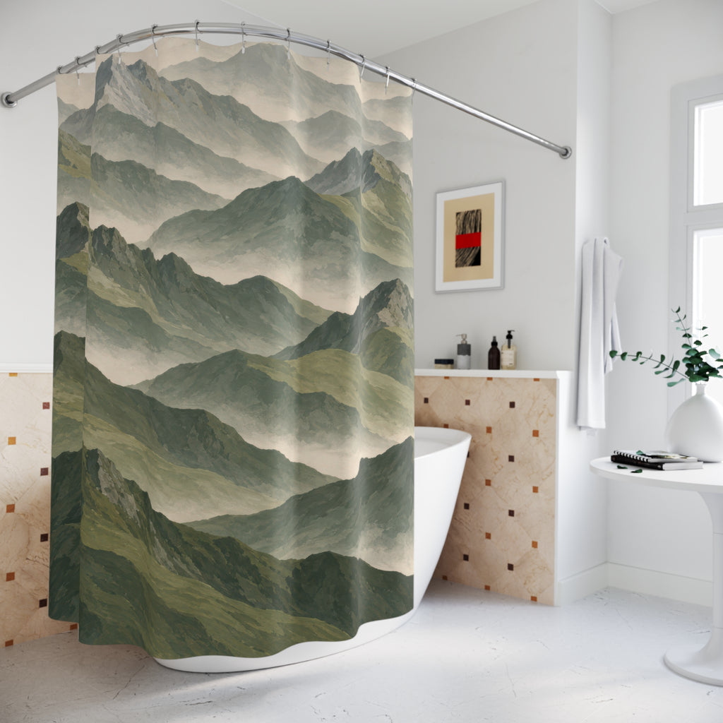 Sage and olive mountain ridges in pale cream mist shower curtain beside a freestanding tub