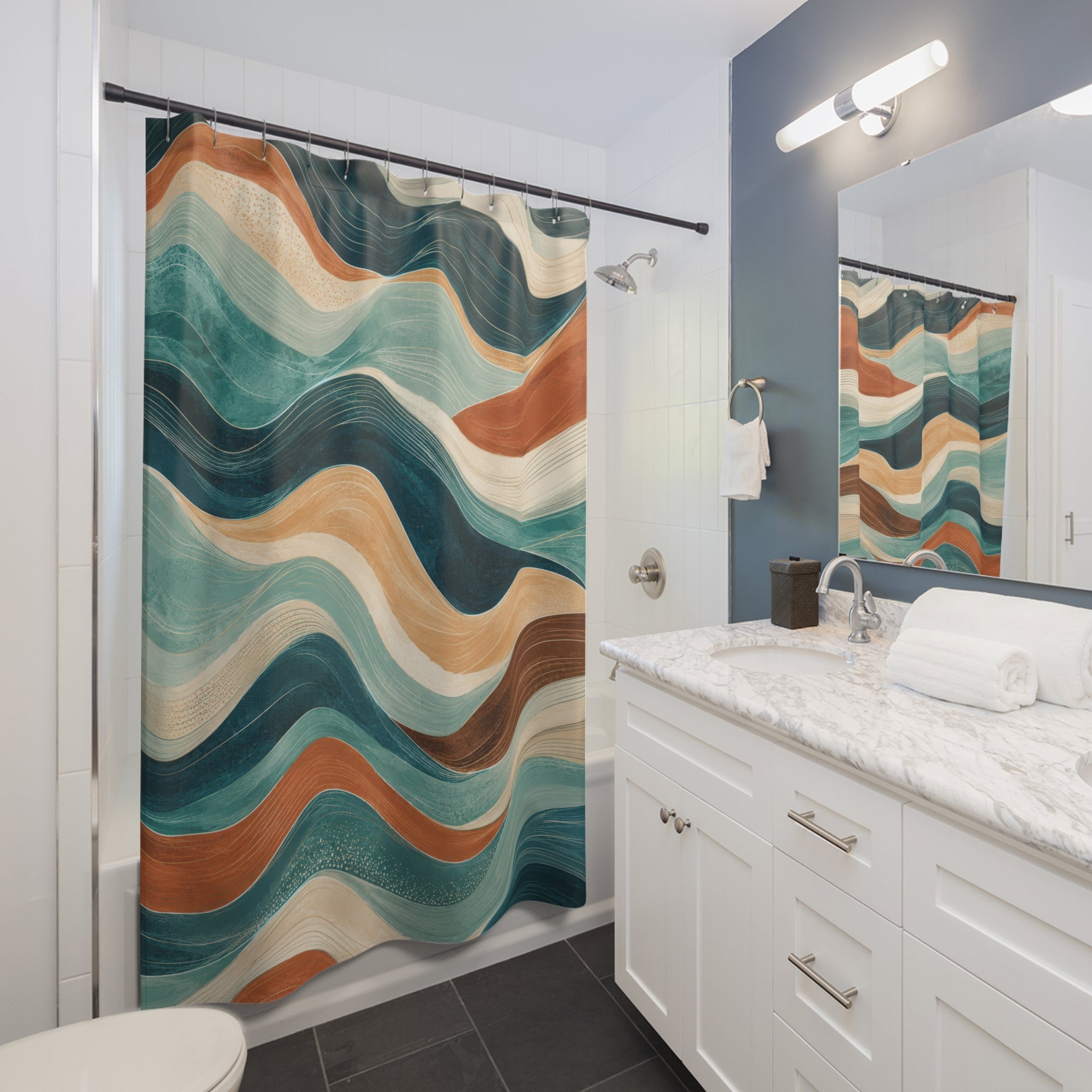 Wavy Shower Curtain: Teal Aqua Abstract Wave Pattern