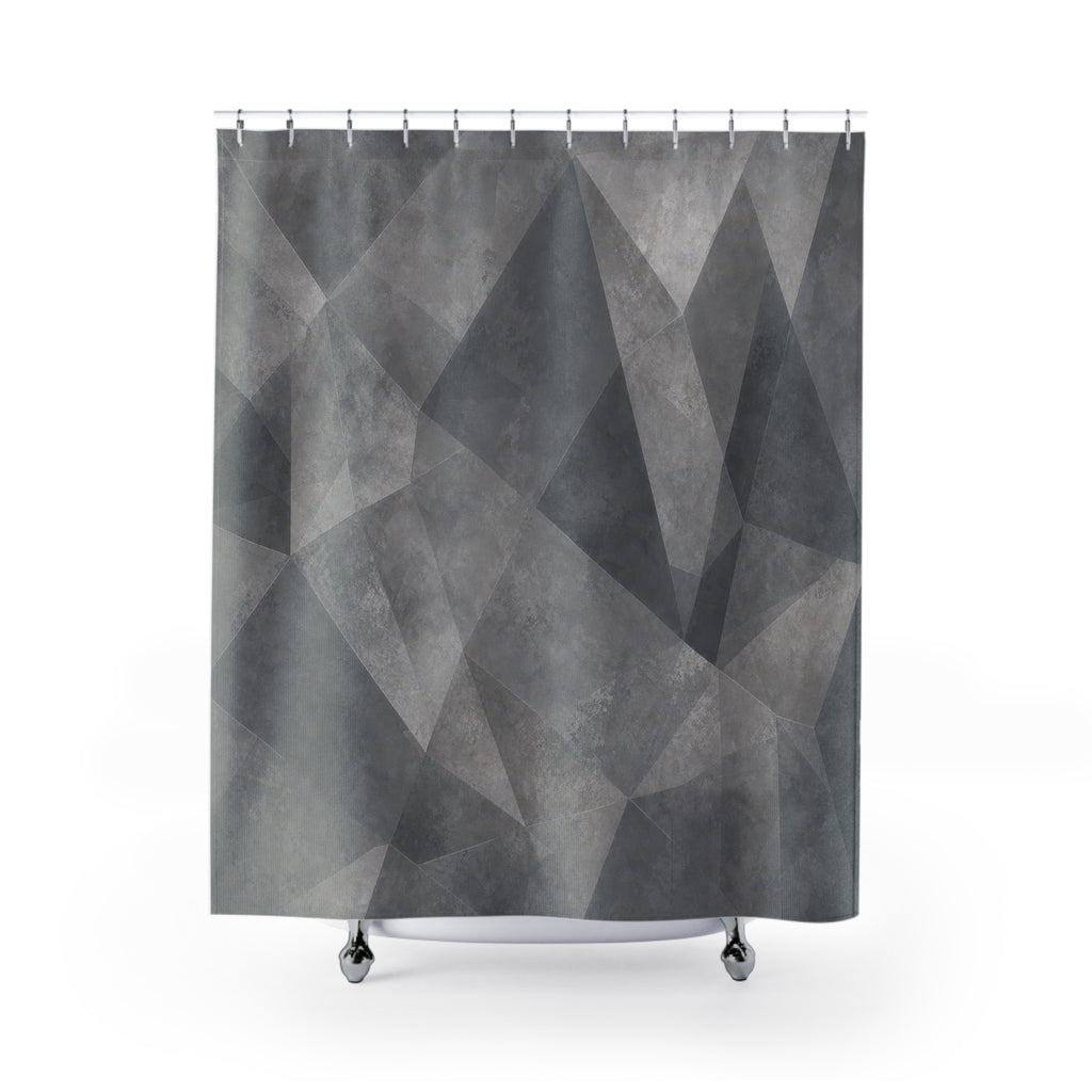 Geometric Shower Curtain, Gray Abstract Bath Decor, Faceted Triangle Pattern, Modern Neutral Guest Bathroom Decor, Faceted Modern Style
