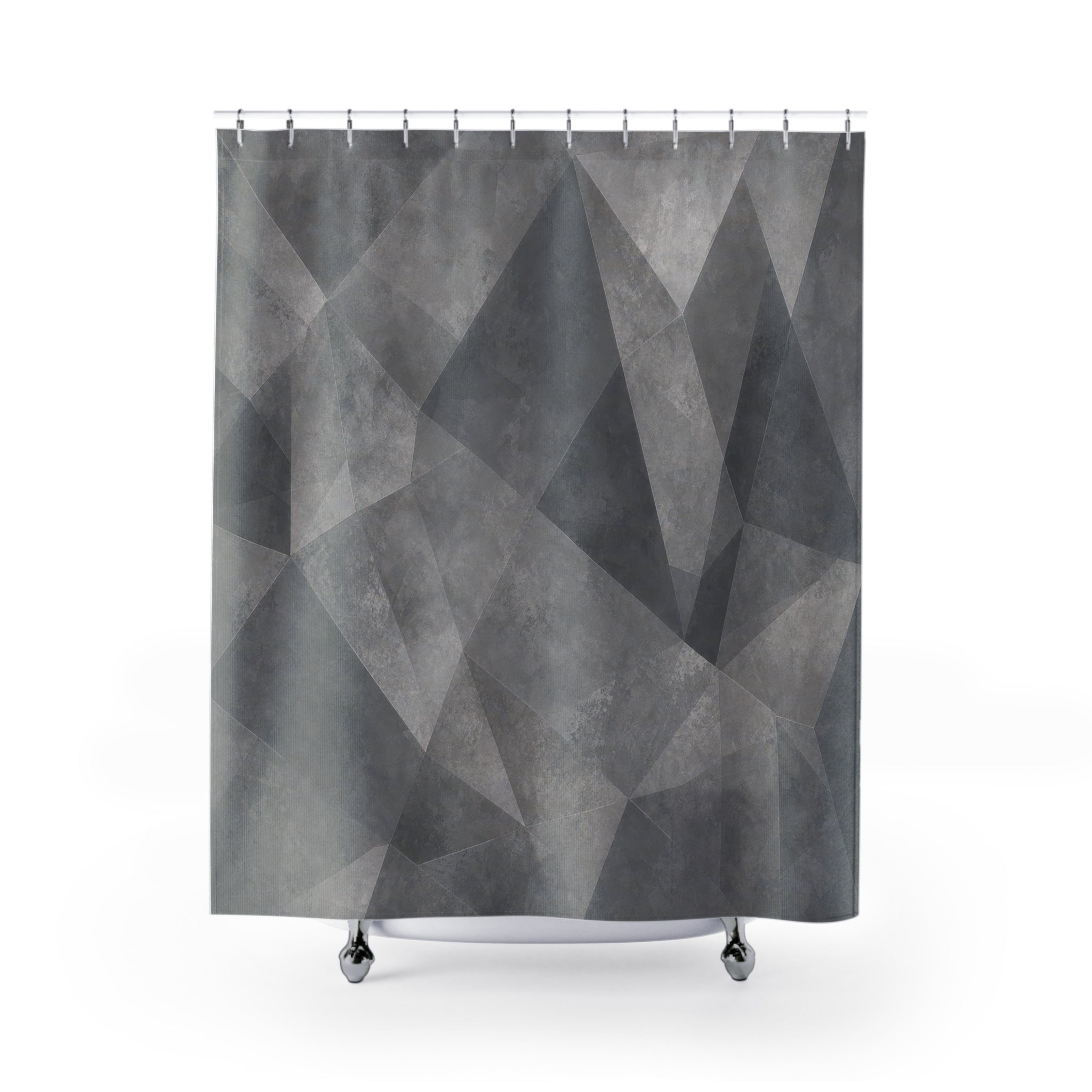 Geometric Shower Curtain, Gray Abstract Bath Decor, Faceted Triangle Pattern, Modern Neutral Guest Bathroom Decor, Faceted Modern Style