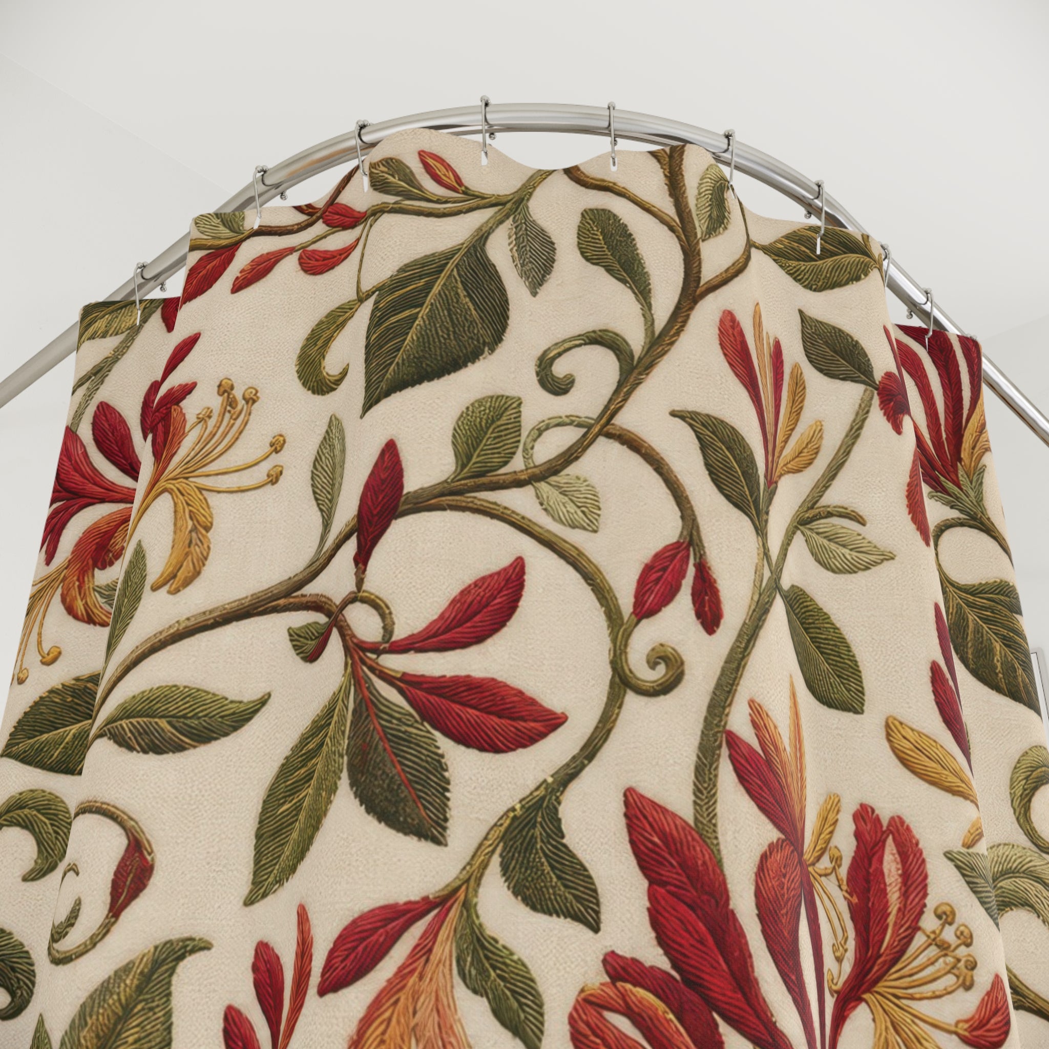 Honeysuckle Embroidery Shower Curtain – Red on Cream