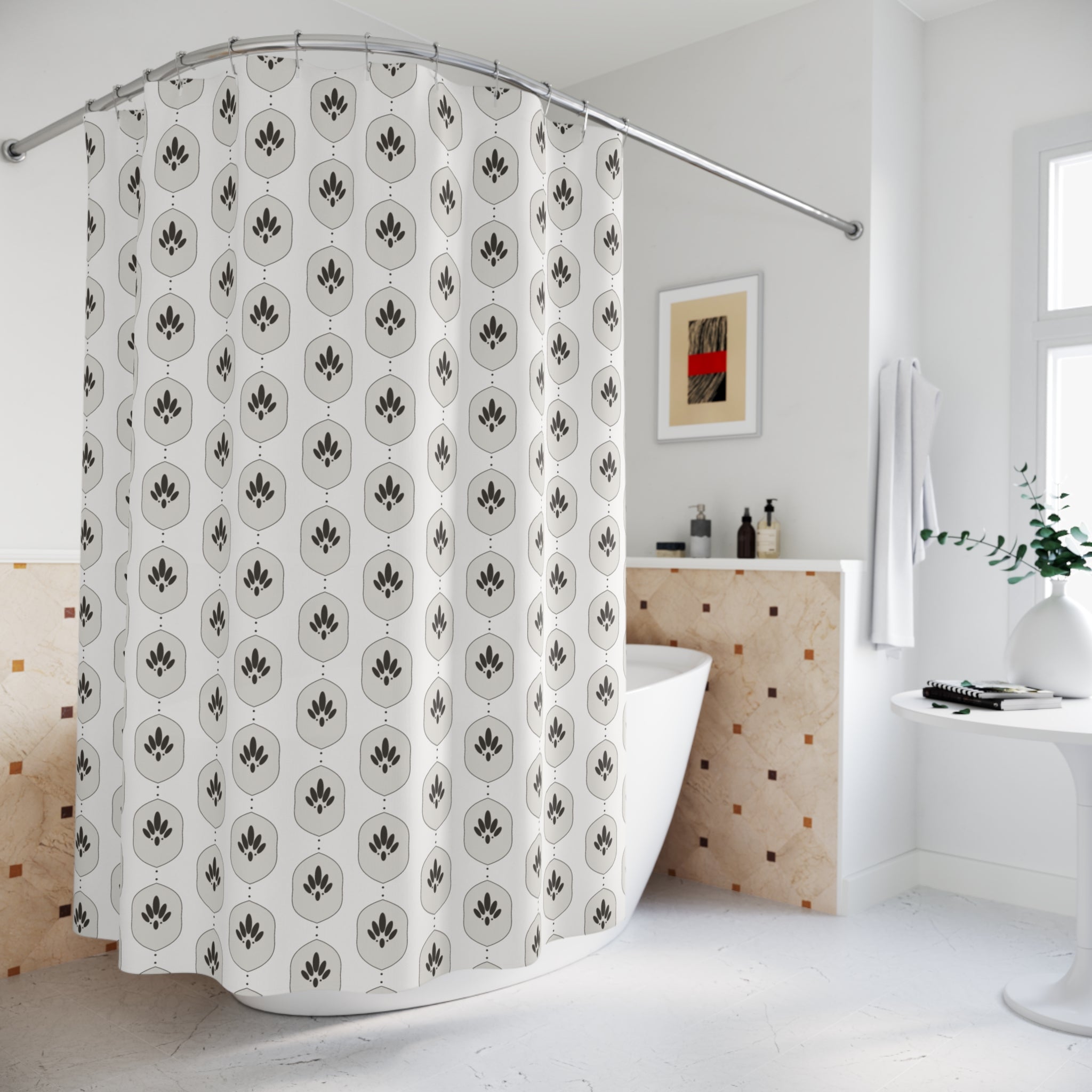 Charcoal & White Damask Shower Curtain – Modern Ogee