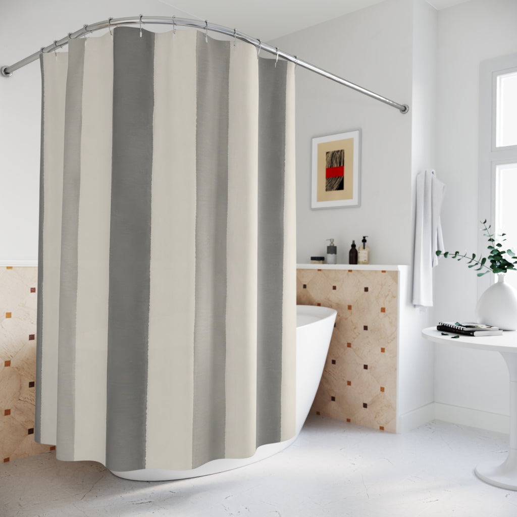 Grey Awning Stripe Shower Curtain, Grey Ivory Classic Bathroom Decor, Awning Stripe Bath Curtain, Guest Bath Decor, Small Bathroom Decor