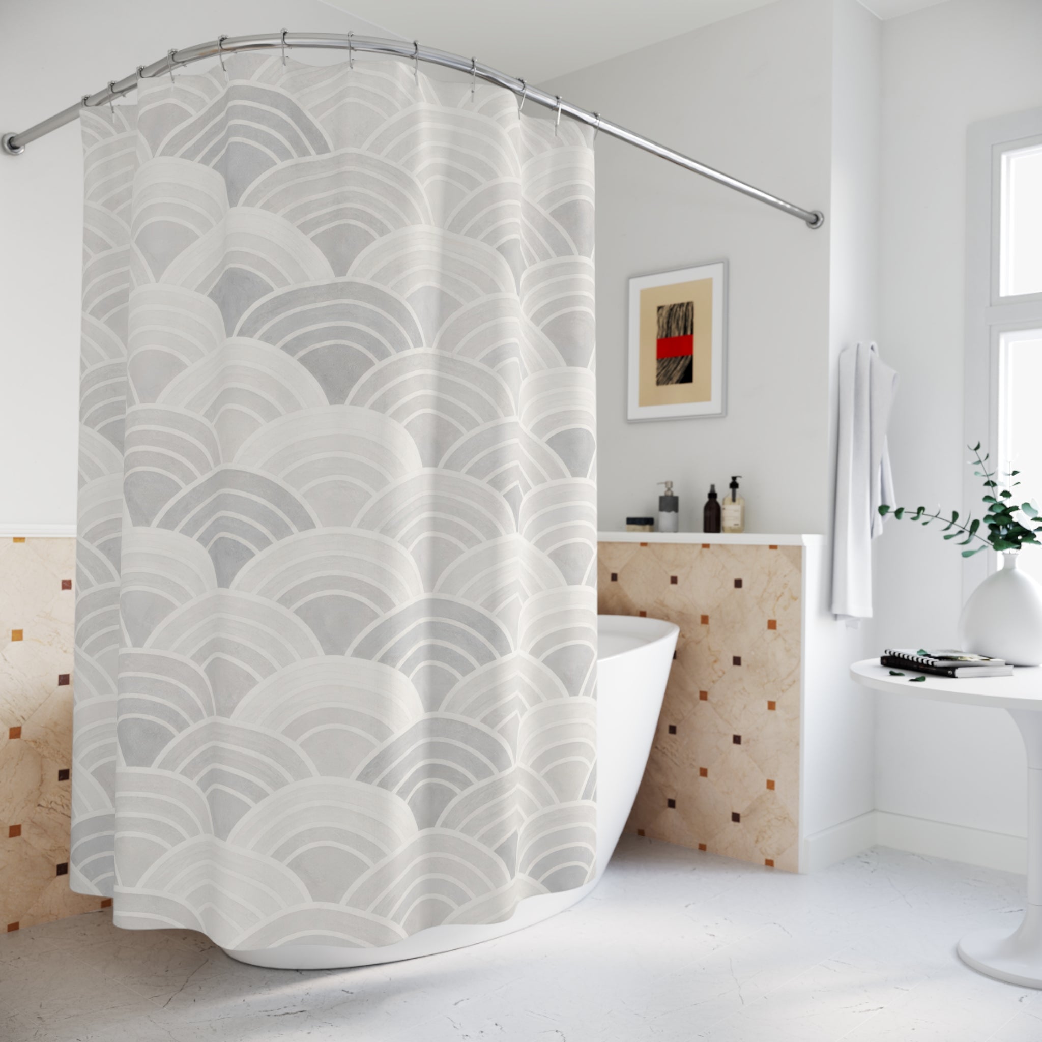 Grey White Art Deco Wave Shower Curtain